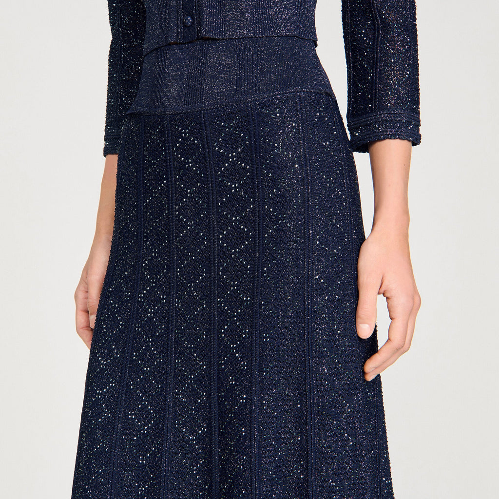 Sandro Metallic Knit Cardigan & Maxi Skirt Set – Navy Blue