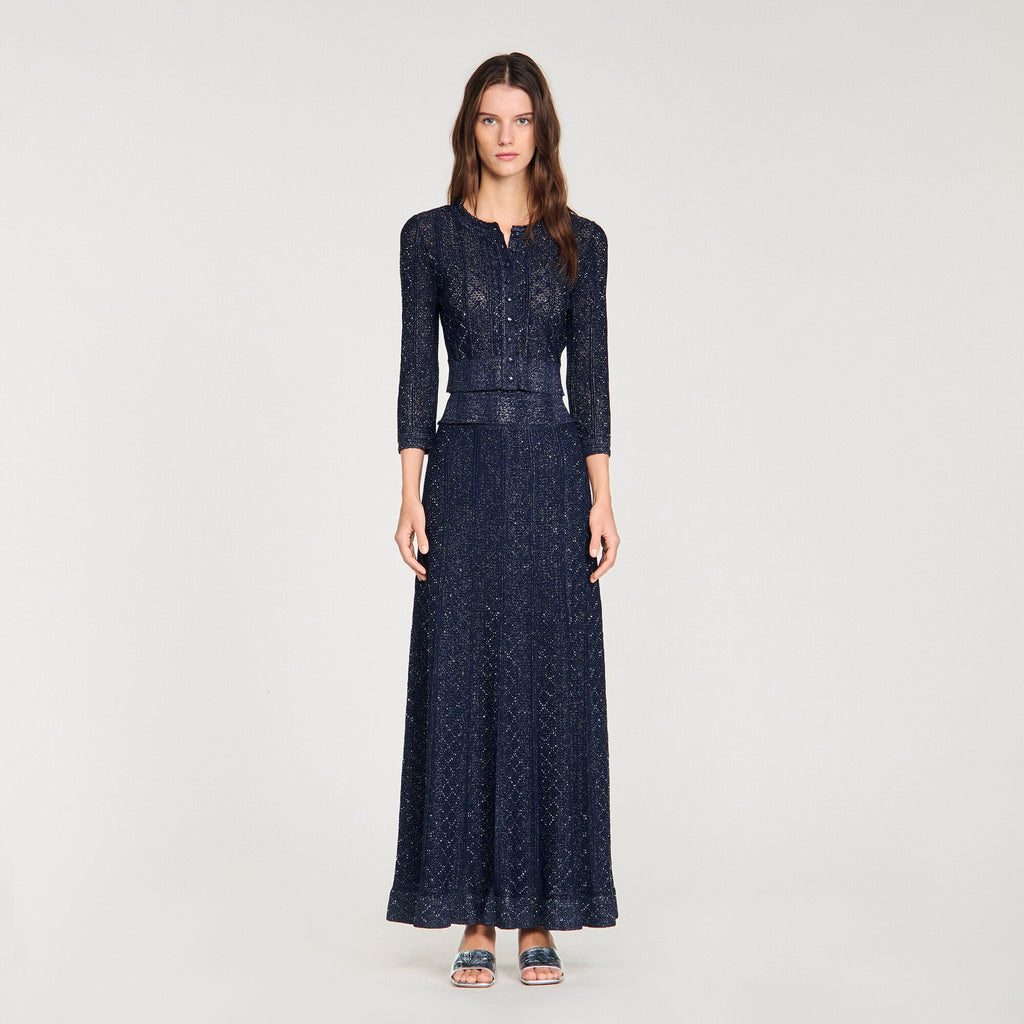 Sandro Metallic Knit Cardigan & Maxi Skirt Set – Navy Blue