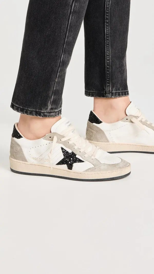 Golden Goose White & Black Glitter Star Sneakers