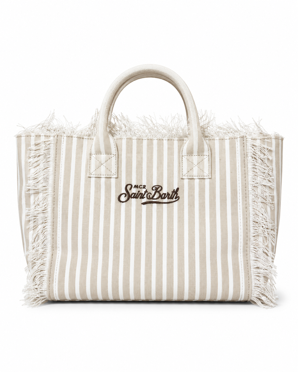 Saint Barth Striped Canvas Fringe Tote Bag – Beige