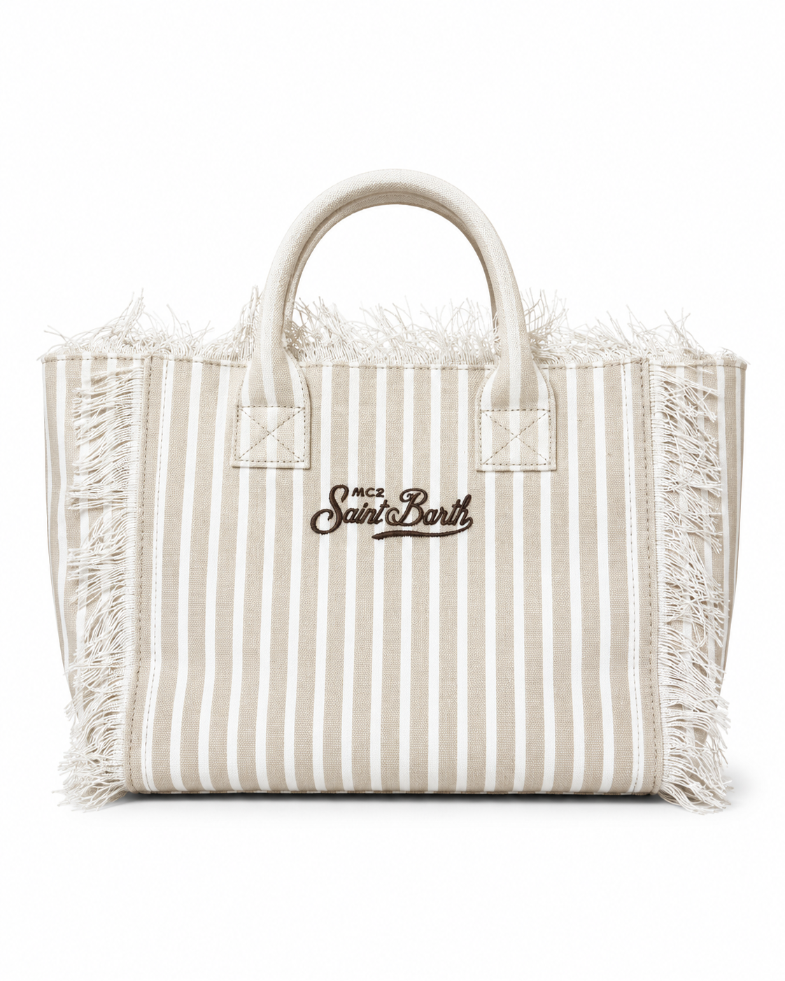Saint Barth Striped Canvas Fringe Tote Bag – Beige