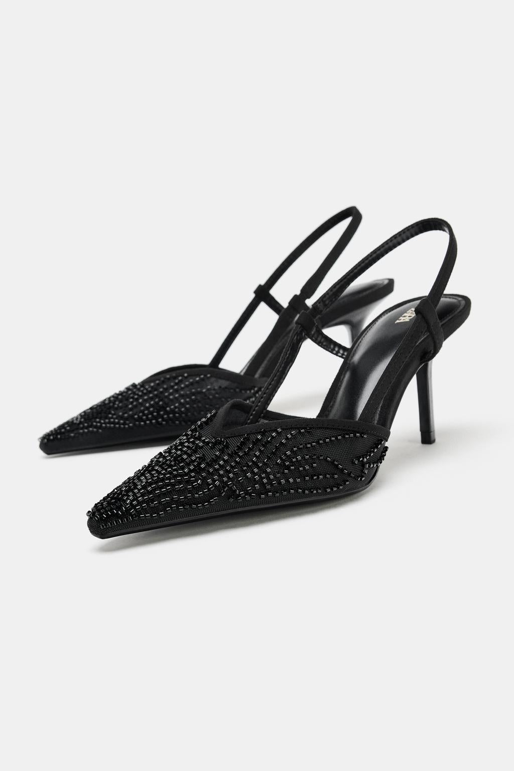 ZARA Beaded Pointed-Toe Slingback Heels – Black