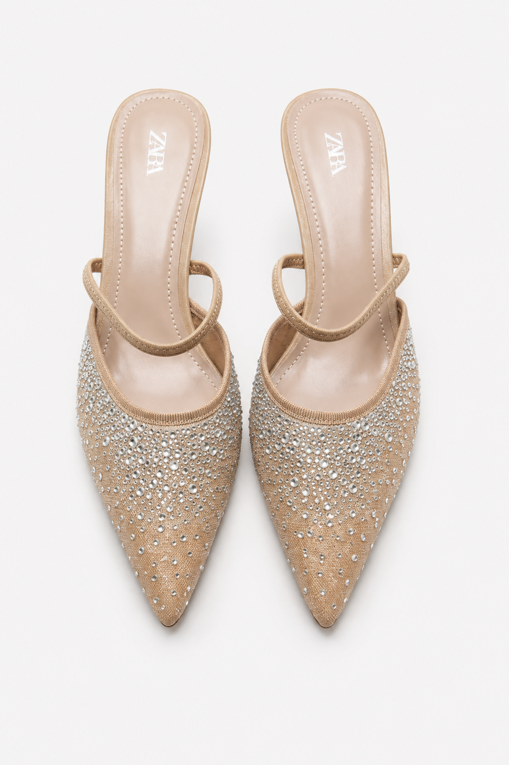 ZARA Rhinestone Pointed-Toe Heeled Mules – Beige