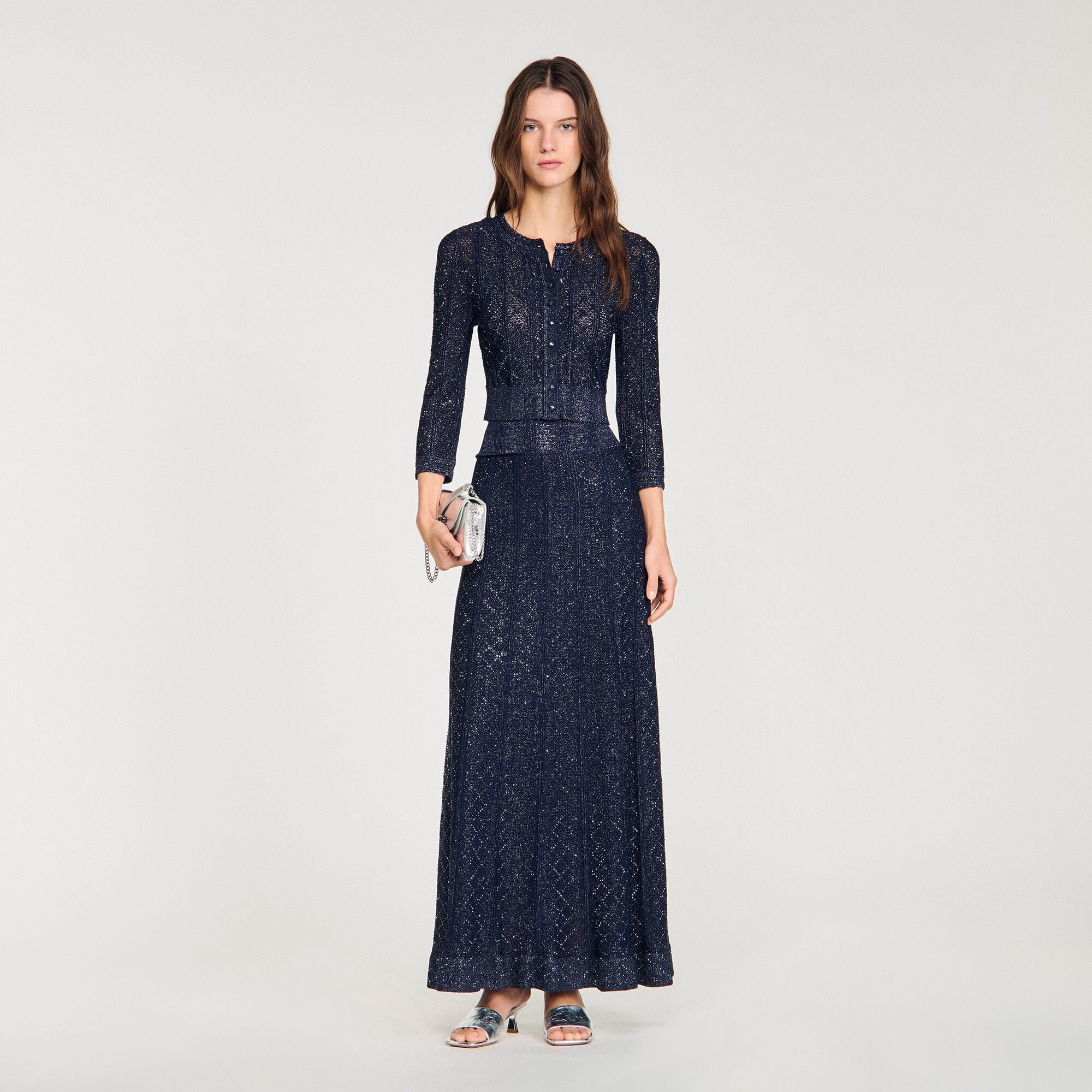 Sandro Metallic Knit Cardigan & Maxi Skirt Set – Navy Blue