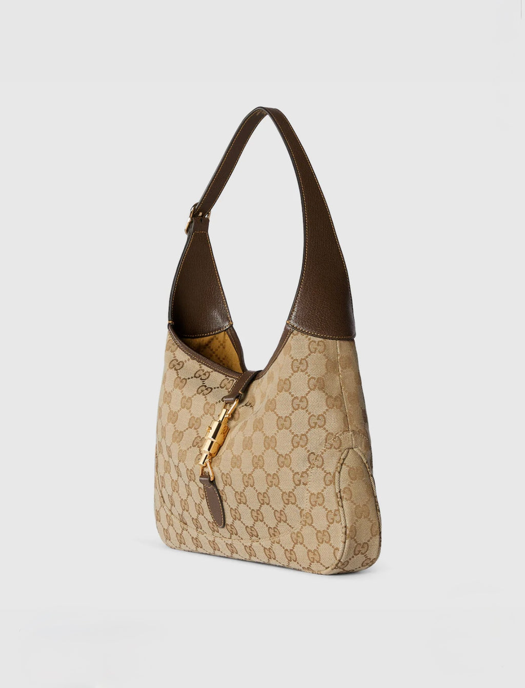 Gucci Jackie 1961 Medium Shoulder Bag in Sand and Dark Brown GG Canvas