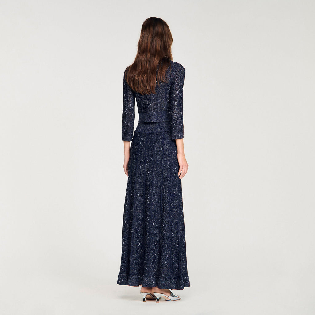 Sandro Metallic Knit Cardigan & Maxi Skirt Set – Navy Blue