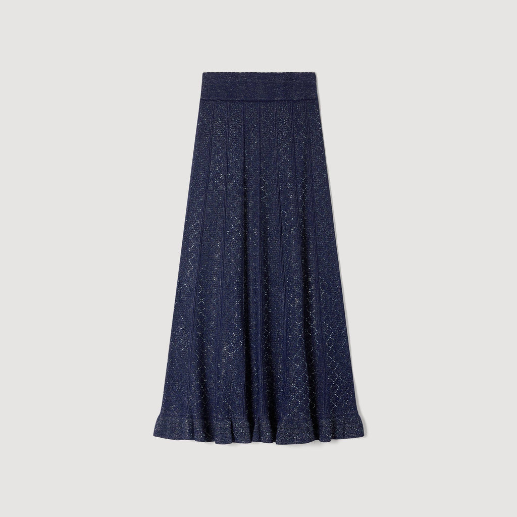 Sandro Metallic Knit Cardigan & Maxi Skirt Set – Navy Blue