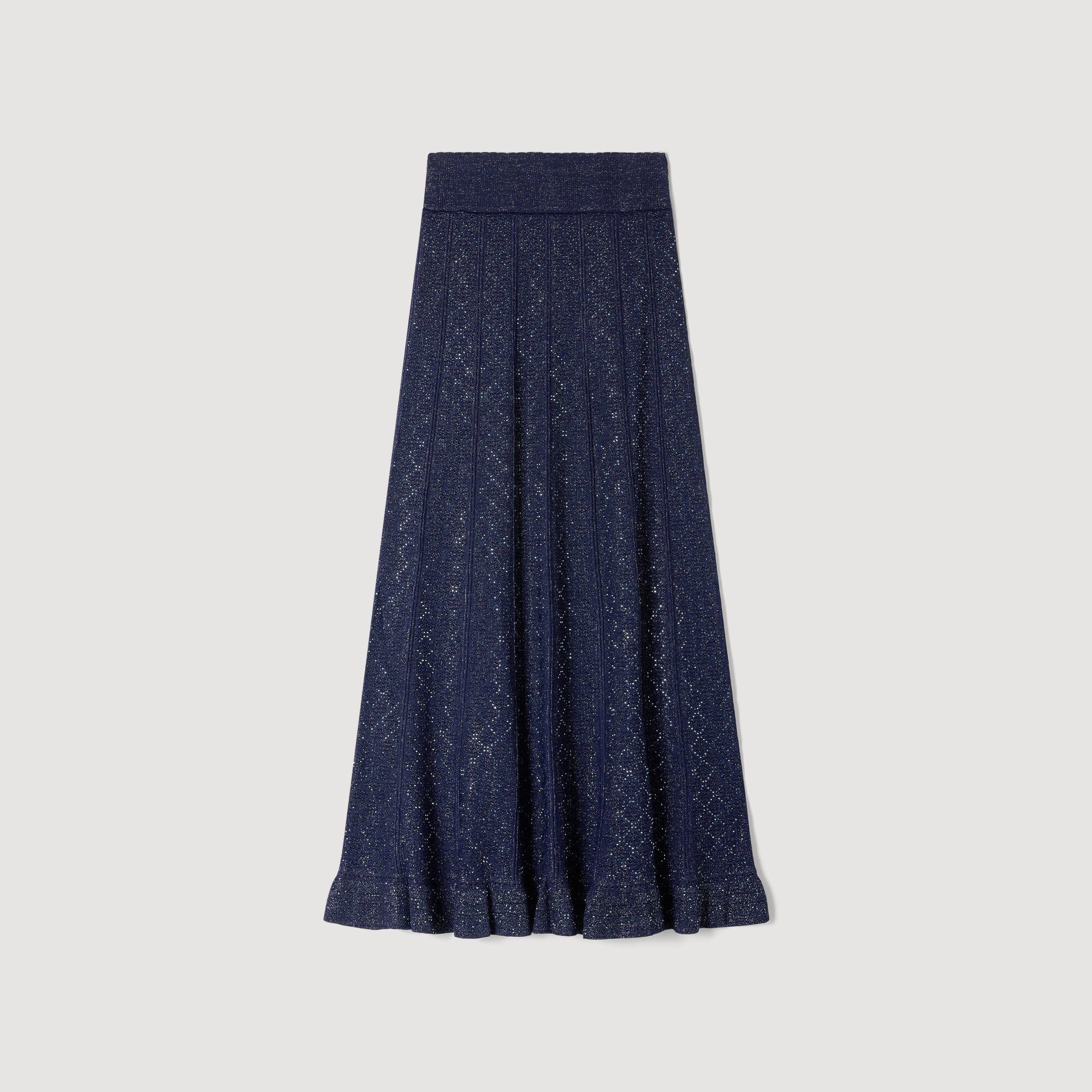 Sandro Metallic Knit Cardigan & Maxi Skirt Set – Navy Blue