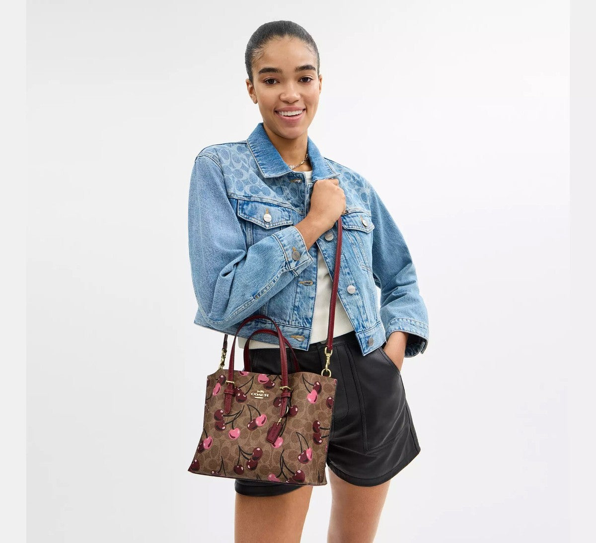 Coach Mollie Tote Bag 25 with Cherry Print – Gold/Tan Multi