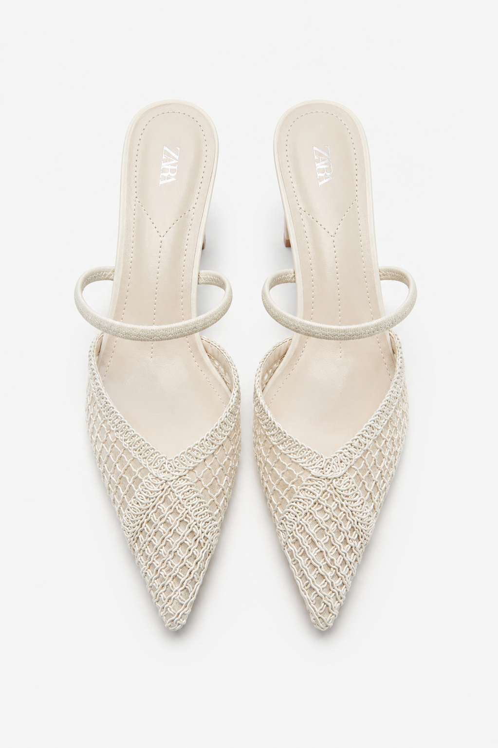 ZARA Pointed-Toe Mesh Heeled Mules – Ecru