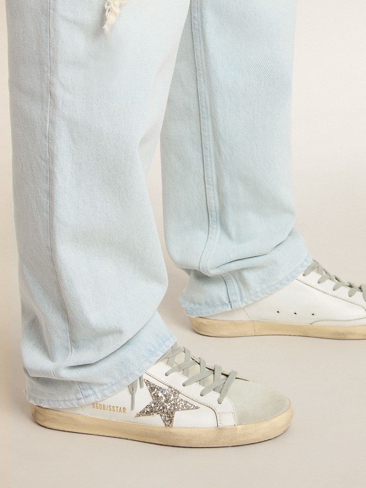 Golden Goose White & Silver Glitter super-Star sabot