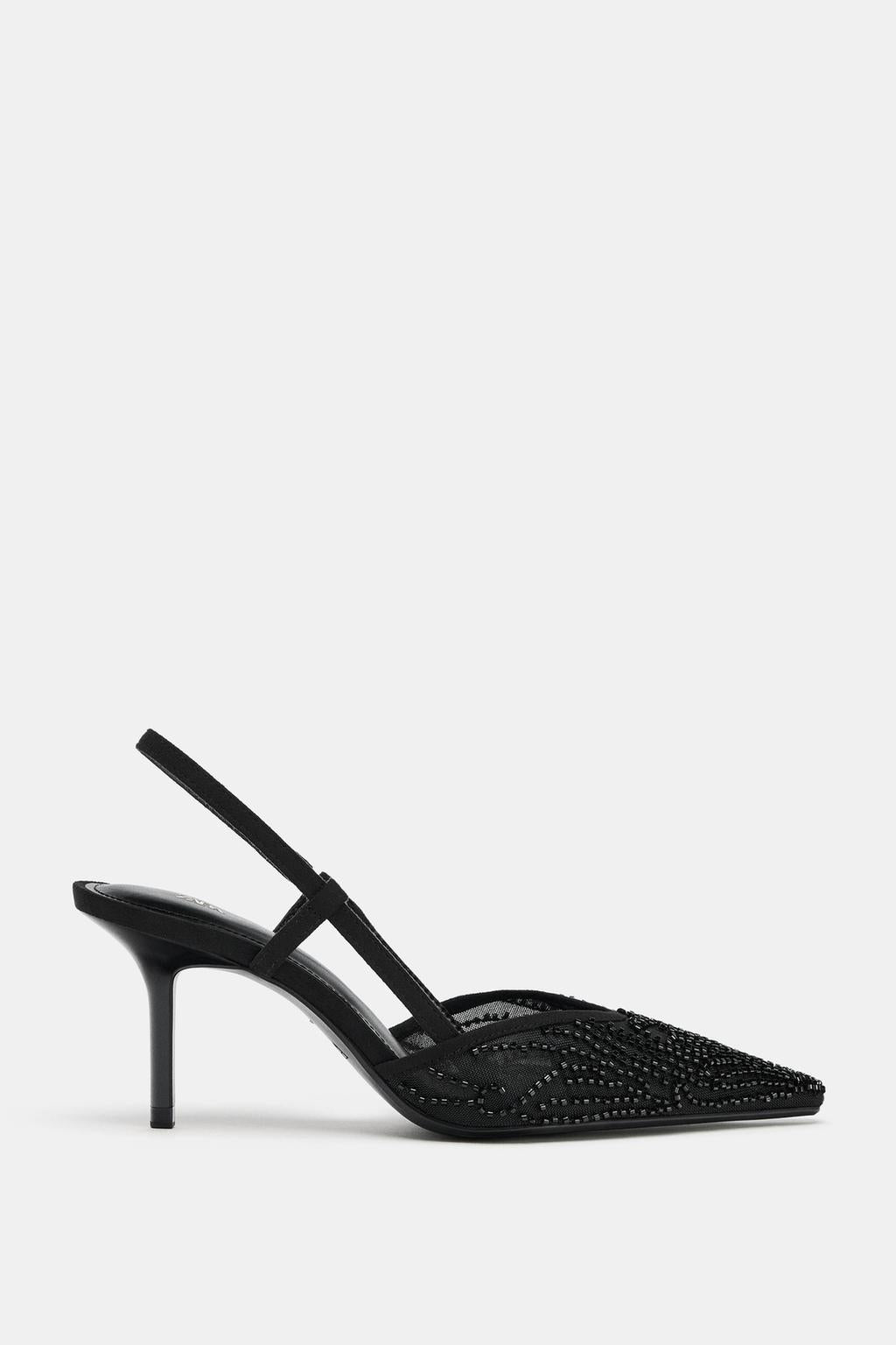 ZARA Beaded Pointed-Toe Slingback Heels – Black