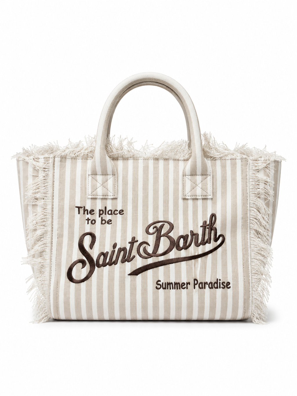 Saint Barth Striped Canvas Fringe Tote Bag – Beige