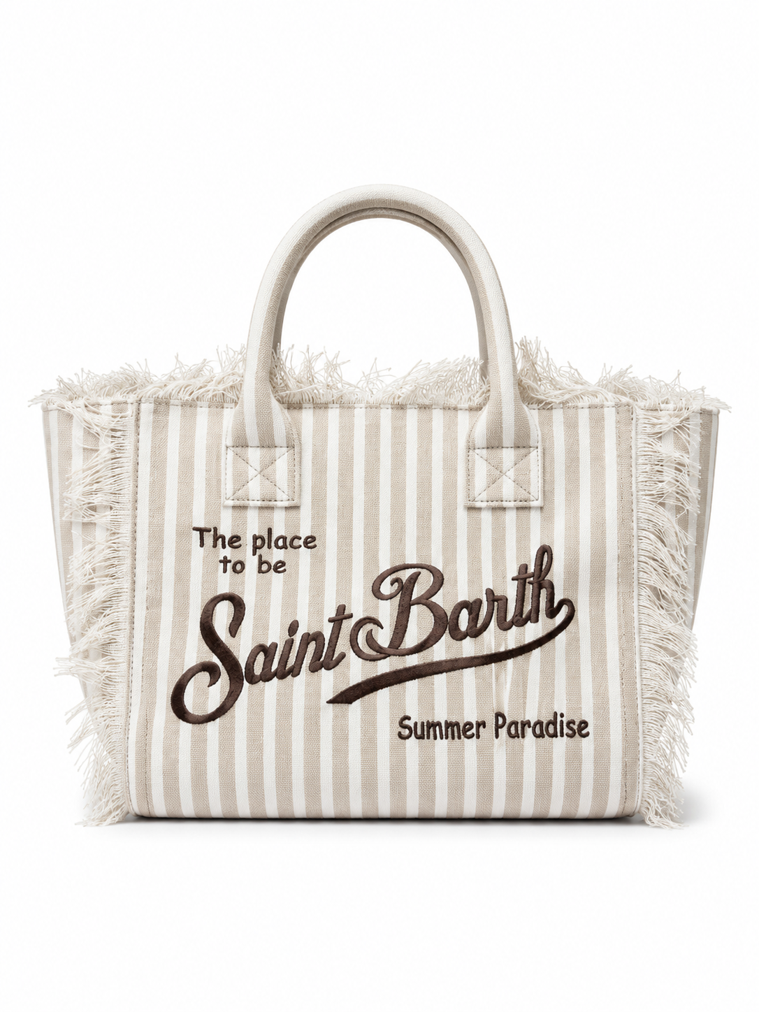 Saint Barth Striped Canvas Fringe Tote Bag – Beige
