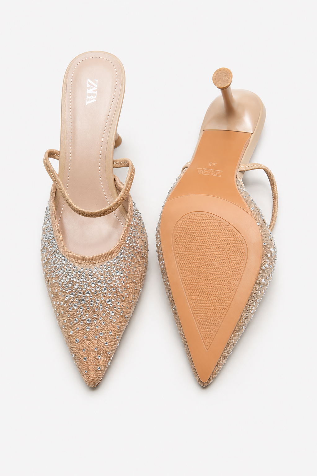ZARA Rhinestone Pointed-Toe Heeled Mules – Beige