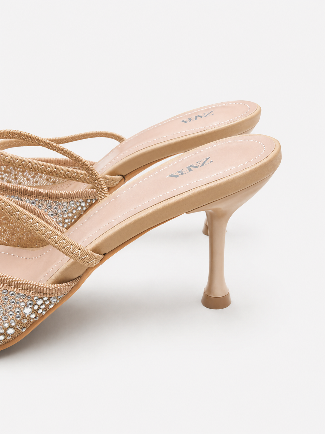 ZARA Rhinestone Pointed-Toe Heeled Mules – Beige