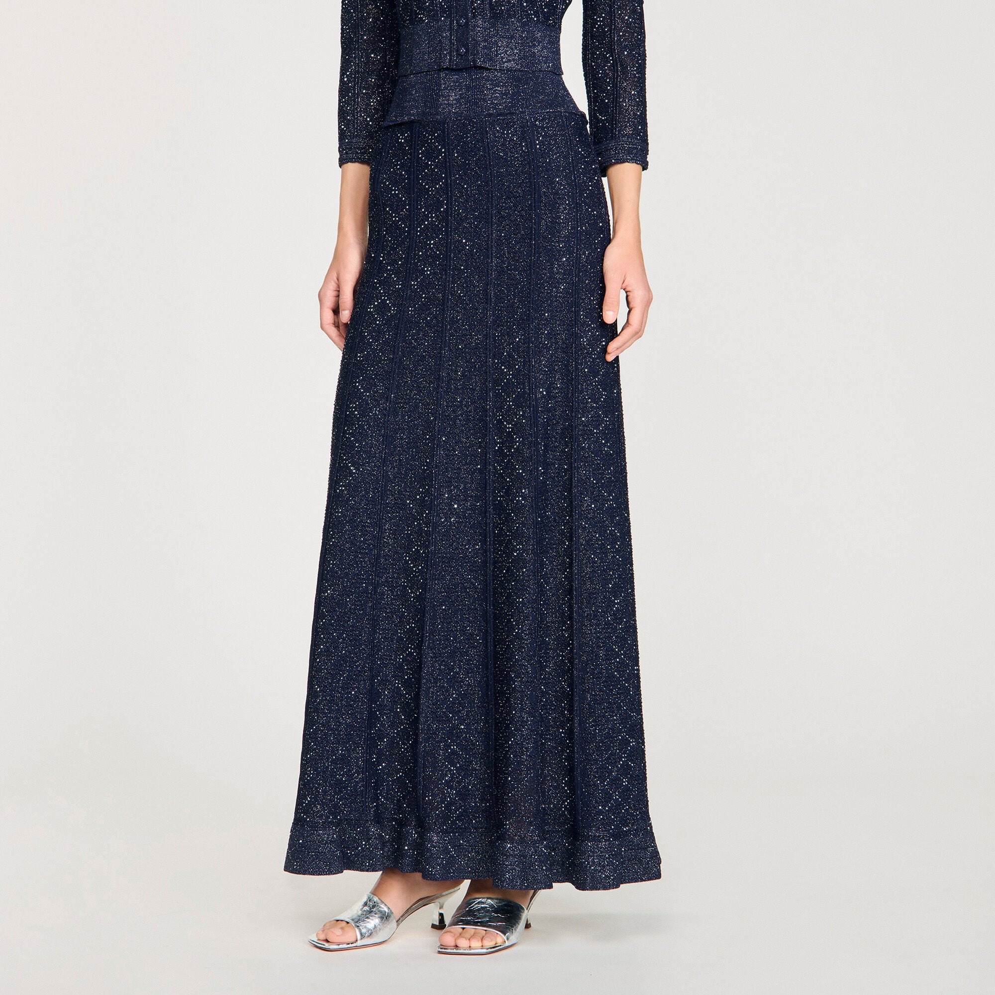 Sandro Metallic Knit Cardigan & Maxi Skirt Set – Navy Blue