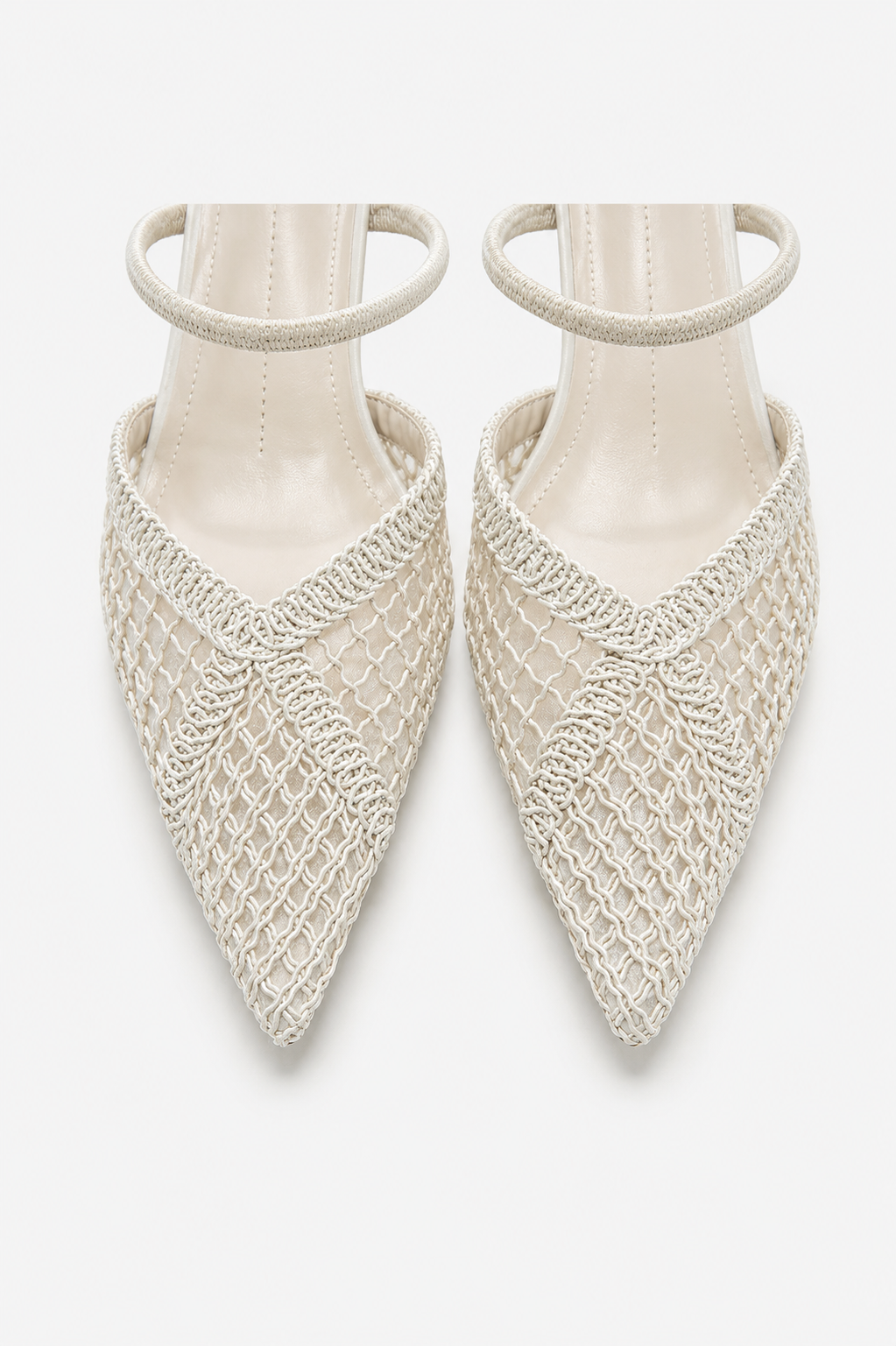 ZARA Pointed-Toe Mesh Heeled Mules – Ecru