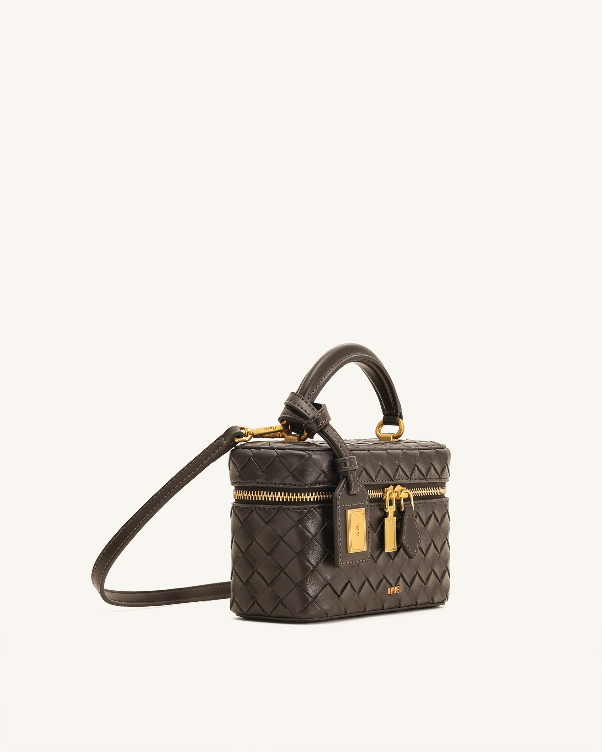 JW PEI Cleo Woven Texture Box Shape Top Handle Bag – Dark Brown