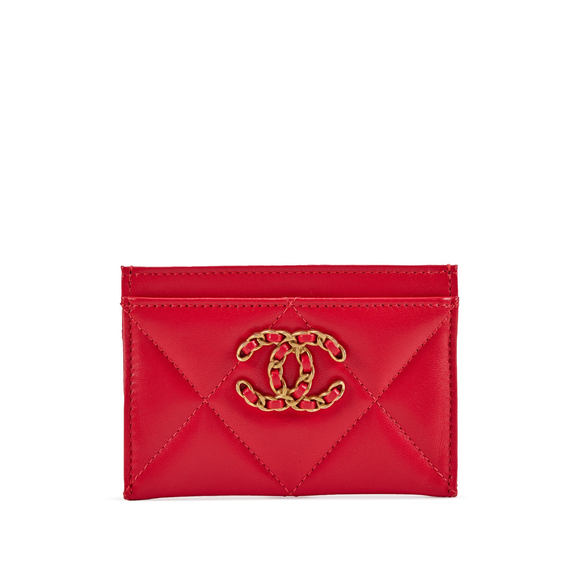 Chanel 19 Quilted Card Holder in Red Leather